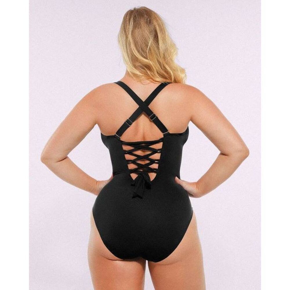 Shapellx Black Ruched V-Neck Swimsuit Tummy Control Shaping Women's Large - Picture 12 of 12